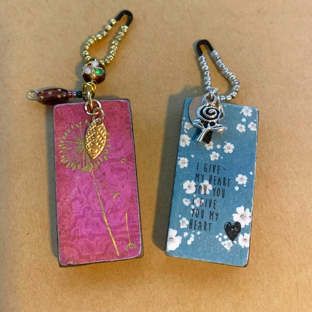 Hand Distressed Domino Junk Journal /Handbag Purse Dangles/ Charms/ Keychain